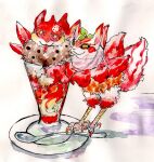 2014 ambiguous_gender bird_legs cutlery duo feral food food_creature forked_tongue fruit fur hi_res hybrid kitchen_utensils kyokyota painting_(artwork) parfait_(dessert) plant red_body red_fur red_tongue spoon strawberry tongue tongue_out tools traditional_media_(artwork) traditional_painting_(artwork) traditional_watercolor_(artwork) watercolor_(artwork) white_body white_fur