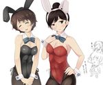  akiyama_yoshiko akiyama_yukari animal_ears bunny_ears bunny_girl chibi cleavage girls_und_panzer isuzu_hana isuzu_yuri nksk pantyhose 