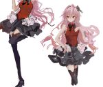  1girl bare_arms black_bow black_bowtie black_skirt black_souls black_souls_2 black_thighhighs bow bowtie ch4nda commentary highres layered_skirt leotard long_hair multiple_views pink_hair prickett_(black_souls) red_eyes red_leotard simple_background sketch skirt symbol-only_commentary thighhighs very_long_hair wavy_hair white_background 