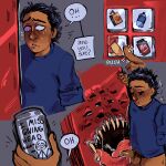 10_eyes 2025 absurd_res animate_inanimate audrey_(look_outside) balls beverage_can black_eyebrows black_eyes black_hair black_pubes blue_clothing blue_sweater blue_topwear blush blush_lines bodily_fluids brown_balls brown_body brown_penis brown_skin can clothed clothed_human clothed_male clothed_sex clothing container cum cumshot currentlytr_ash duo ejaculation empty_eyes erection eyebrows eyes_closed fellatio female flesh_creature genital_fluids genitals hair hi_res human long_tongue look_outside male male/female male_human mammal missing_arm multi_eye not_furry open_mouth oral penile penis pubes red_body saliva saliva_on_penis saliva_on_tongue saliva_string sam_(look_outside) sex sharp_teeth short_hair sound_effects sweat sweater sweaty_face tan_teeth teeth text tongue tongue_out tonguejob topwear vending_machine white_text wide_eyed