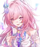  1girl absurdres bare_shoulders breasts commentary cyrene_(honkai:_star_rail) cyrene_(ripples_of_past_reverie)_(honkai:_star_rail) diamond-shaped_pupils diamond_(shape) dress flower hair_flower hair_ornament highres honkai:_star_rail honkai_(series) large_breasts long_hair multicolored_hair pink_hair purple_eyes simple_background solo suer2230 symbol-only_commentary symbol-shaped_pupils two-tone_hair upper_body very_long_hair white_background white_dress white_hair 