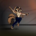 2_heads 2_tails 4_arms 4_toes 6_fingers anthro black_background bottomwear brown_body brown_fur canid canine canis clothing coyote coyote-only dancing dom_(coyote-only) extra_fingers facial_hair featureless_chest feet fingers fur gradient_background grey_background hi_res male male_anthro mammal multi_arm multi_head multi_limb multi_tail multicolored_body multicolored_fur multifur orange_eyes pants pants_only pawpads paws polydactyly red_background simple_background solo sunrise tail tan_body tan_fur toes