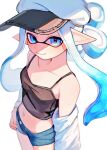  1girl bare_shoulders black_shirt blue_eyes blue_hair blue_shorts breasts closed_mouth collarbone cowboy_shot crop_top hat inkling inkling_girl inkling_player_character kodak_painter long_hair long_pointy_ears looking_at_viewer midriff multicolored_hair navel newsboy_cap pointy_ears shirt shorts simple_background sleeveless sleeveless_shirt small_breasts smile solo splatoon_(series) tentacle_hair two-tone_hair white_background white_hair white_hat 