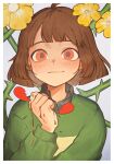  1other ahoge black_shirt blood blood_on_hands blunt_bangs blush border broken_heart brown_hair buttons chara_(undertale) clenched_hand closed_mouth collared_shirt crsrsrsrsrs floral_background flower green_sweater grey_background hand_up hashtag-only_commentary heart highres long_sleeves looking_at_viewer other_focus puffy_long_sleeves puffy_sleeves red_eyes shirt short_hair single_stripe smile solo striped_clothes striped_sweater sweater thorns undertale utdr_(toby_fox) white_border yellow_flower 
