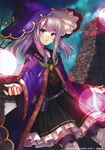  absurdres black_dress blue_eyes boots dress fukahire_(ruinon) hat highres long_hair looking_at_viewer outdoors purple_hair purple_hat shingeki_no_bahamut solo thigh_boots thighhighs witch_hat 