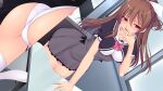  1girl arm_support ass blush bow breasts brown_eyes brown_hair covering_own_mouth crotch_rub dutch_angle game_cg hair_ribbon hand_over_own_mouth high-waist_skirt indoors kourin_tenshi_en_ciel_rena large_variant_set long_hair masturbation medium_breasts multiple_views non-web_source official_art open_mouth panties ponytail red_eyes ribbon saitou_natsuki school_uniform short_sleeves skirt suhamaya table table_humping thighhighs tomoe_rena underwear variant_set white_panties white_ribbon white_thighhighs window 
