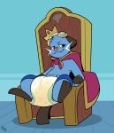 3_fingers 3_toes ambiguous_gender anthro aqua_(innocentenough) artist_logo band-aid band-aid_on_face band-aid_on_nose bandage bandage_on_face bandage_on_nose black_body black_ears blush blush_lines bodily_fluids bubblepuppers cape chair clothed clothing crown cute_fangs dewott diaper eyewear eyewear_on_head fangs feet fingerless_(marking) fingerless_gloves_(marking) fingers floor full-length_portrait furniture generation_5_pokemon genital_fluids glistening_diaper gloves_(marking) goggles goggles_on_head half-closed_eyes headgear hi_res leg_markings logo markings narrowed_eyes nintendo orange_nose pokemon pokemon_(species) portrait sitting smile socks_(marking) solo teeth throne toes unclean_diaper urine used_diaper wearing_diaper wet_diaper whiskers white_whiskers wood wood_floor