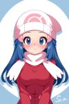  1girl absurdres alternate_breast_size_(larger) artist_name blue_eyes blue_hair blush closed_mouth dawn_(pokemon) dress english_commentary eyelashes hair_ornament hairclip hat highres long_hair long_sleeves looking_at_viewer pokemon pokemon_dppt pokemon_platinum red_dress scarf signature solo su1zide upper_body white_hat white_scarf 