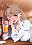  1girl alcohol beer beer_bottle beer_mug blush breast_rest breasts brown_hair ceiling_light cleavage closed_eyes collared_shirt commentary_request cup drunk facing_viewer highres holding holding_cup indoors kodama&#039;s_elder_sister_(sakura_yuki) large_breasts long_hair long_sleeves mug open_mouth original sakura_yuki_(clochette) saucer shirt solo table white_shirt 