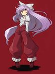  bad_id bad_pixiv_id bow face fujiwara_no_mokou hair_bow hands_in_pockets long_hair minoa_(lastswallow) no_nose purple_hair red_eyes simple_background solo suspenders touhou very_long_hair 
