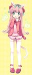  :&lt; animal_ears argyle argyle_background bad_id bad_pixiv_id bangs bloomers cat_ears cat_tail food fruit full_body green_eyes hair_ribbon head_tilt highres jacket legs long_hair nakayama_miyuki original pink_hair ribbon sleeves_past_wrists solo standing strawberry tail themed_object thighhighs underwear white_legwear zettai_ryouiki 