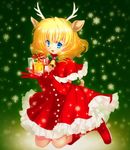  animal_ears antlers bell blonde_hair blue_eyes boots capelet christmas elbow_gloves gift gloves holding holding_gift nano00 original red_gloves reindeer_ears snow solo 