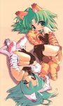  alternate_color animal_ears animal_print back bare_back bare_shoulders blade_(galaxist) cat_ears cham_cham elbow_gloves gloves green_eyes green_hair highres lying multiple_girls no_panties paw_gloves paw_shoes paws rotational_symmetry samurai_spirits scan shoes snk tail tiger_print 