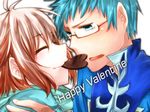  1girl aqua_eyes blue_hair chocolate chocolate_heart glasses gradient_hair haku_(wwnt) happy_valentine heart hubert_ozwell mouth_hold multicolored_hair pascal red_hair tales_of_(series) tales_of_graces valentine white_hair 
