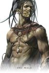  braid brown_hair earrings fantasy green_skin highres jewelry lineage male_focus mask muscle orc pointy_ears realistic red_eyes sae_(revirth) scar solo 