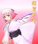  2010 animal_ears hair_ornament hair_ribbon hairclip haruichi japanese_clothes kimono lipstick makeup mystia_lorelei obi pink_eyes pink_hair ribbon sash short_hair smile solo touhou translated wide_sleeves wings 