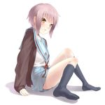  a-ka bad_id bad_pixiv_id bangs blush brown_eyes brown_hair cardigan feet kita_high_school_uniform kneehighs nagato_yuki school_uniform serafuku short_hair silver_hair sitting socks solo suzumiya_haruhi_no_yuuutsu 