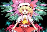  ascot blonde_hair bug butterfly flandre_scarlet flower gradient_hair hat hat_ribbon insect madara_hio multicolored_hair open_mouth red_eyes ribbon skirt smile solo touhou wings 