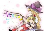  apron blonde_hair braid chin_rest crystal dress flandre_scarlet hand_on_head hat head_rest hug kirisame_marisa multiple_girls red_eyes ribbon shindo smile touhou wings witch_hat wrist_cuffs yellow_eyes 