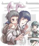  absurdres animal_ears ayanami_rei biting black_hair blue_hair blush_stickers brown_eyes bunny_ears cardigan chopsticks classroom crossover desk eating encre highres hyuuga_hinata kita_high_school_uniform multiple_crossover multiple_girls nagato_yuki naruto naruto_(series) neck_biting neon_genesis_evangelion obentou one_eye_closed red_eyes school_uniform serafuku short_hair silver_hair suzumiya_haruhi_no_yuuutsu tears white_eyes 