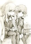  amelie_planchard bad_id bad_pixiv_id bandages glasses highres kisetsu monochrome multiple_girls pantyhose perrine_h_clostermann sepia sitting sketch strike_witches uniform world_witches_series 