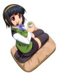  bad_id bad_pixiv_id black_hair cushion dutch_angle feet from_above green_tea headset idolmaster idolmaster_(classic) looking_up otonashi_kotori pencil_skirt pillow pink_eyes seiza sitting sitting_on_pillow skirt solo tea thighhighs umekichi vest zettai_ryouiki 