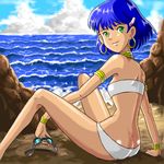  armband bandeau beach blue_hair bob_cut brown_eyes cloud dark_skin day earrings fushigi_no_umi_no_nadia goggles green_eyes hair_ornament hairclip jewelry looking_back lowres mimige625 nadia neck_ring ocean oekaki outdoors panties short_hair sitting sky smile solo strapless tan tubetop underwear 