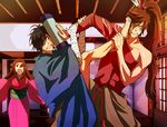  2boys bandaged_arm bandages bangs bare_shoulders barefoot black_hair blunt_bangs brown_hair clenched_teeth clothes_around_waist collarbone date_masamune_(sengoku_basara) eyepatch foot_on_face indoors japanese_clothes kimono long_hair long_sleeves lowres maeda_keiji matsu_(sengoku_basara) multiple_boys one_eye_covered open_mouth pink_kimono ponytail sengoku_basara shaded_face teeth wide_sleeves 