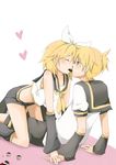  1girl all_fours bad_id bad_pixiv_id blonde_hair blue_eyes brother_and_sister chocolate detached_sleeves hair_ornament hair_ribbon hairclip heart imminent_kiss incest kagamine_len kagamine_rin ribbon shared_food short_hair shorts siblings sitting twincest twins vocaloid yaichi_(reverie) 