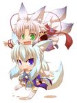  :3 animal_ears blue_eyes borrowed_character chibi fang fukunomiya_koko green_eyes japanese_clothes kuromiya mikado_(senpii) multiple_girls multiple_tails original tail white_hair 