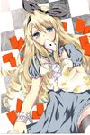  alice_(wonderland) alice_in_wonderland bad_id bad_pixiv_id blonde_hair blue_eyes bunny card card_in_mouth checkered dress highres long_hair lying_card mouth_hold solo takaoto thighhighs 