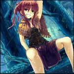  arm_up border brown_hair capelet choker dutch_angle grin highres looking_at_viewer matsukawa_(pale_scarlet) pixiv_fantasia pixiv_fantasia_4 purple_eyes sitting smile solo spread_legs tree 
