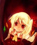 alternate_costume blonde_hair crystal fang flandre_scarlet from_above hair_ribbon long_sleeves no_hat no_headwear red red_eyes ribbon samanta side_ponytail smile solo touhou 
