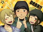  3boys black_hair blonde_hair blush blush_stickers brown_eyes brown_hair durarara!! fingersmile hat kadota_kyouhei karisawa_erika miniyu multiple_boys togusa_saburou v yumasaki_walker 