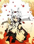  animal_ears bad_id bad_pixiv_id bare_shoulders detached_sleeves grin hat holding inubashiri_momiji leaf maple_leaf no_nose red_eyes smile solo sword tail takewaka tokin_hat touhou weapon white_hair wide_sleeves wolf_ears 
