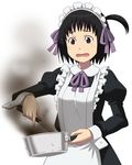  aka_(s3637) apron arashiyama_hotori bad_food black_hair brown_eyes dress maid maid_headdress pot short_hair side_ponytail solo soredemo_machi_wa_mawatteiru tears 