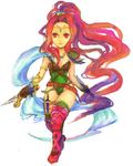  amanda_(seiken_densetsu) belt boots circlet dagger dual_wielding green_leotard holding jewelry knife leotard long_hair necklace ponytail red_eyes red_hair rinne_(maxbeat) seiken_densetsu seiken_densetsu_1 shoulder_pads sketch smile solo thighhighs traditional_media very_long_hair weapon 