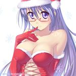  atomix bare_shoulders blush breasts christmas cleavage corset elbow_gloves glasses gloves hat highres large_breasts original pince-nez purple_eyes purple_hair red_gloves santa_costume santa_hat snowflakes solo 