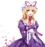  blonde_hair bug butterfly choker corset dress gloves hat hat_ribbon insect lips long_hair purple_eyes ribbon ribbon_choker shinhwe smile solo touhou white_gloves wide_sleeves yakumo_yukari 