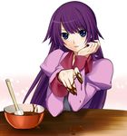  bakemonogatari blue_eyes chin_rest chocolate fukurokouji long_hair monogatari_(series) purple_hair school_uniform senjougahara_hitagi solo 