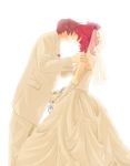  1girl asbel_lhant bad_id bad_pixiv_id bouquet brown_hair cheria_barnes couple dress elbow_gloves flower gloves hetero kiss mathuri red_hair tales_of_(series) tales_of_graces tuxedo wedding wedding_dress white white_background 