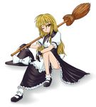  apron blonde_hair broom curiosities_of_lotus_asia dress fingerless_gloves gloves hat kirisame_marisa one_eye_closed panties pantyshot pantyshot_(sitting) ribbon sitting solo touhou tsukimi_(ryouiki_ridatsu) underwear witch_hat yellow_eyes 