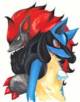  lucario nintendo no_humans pokemon traditional_media zoroark 