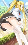  adjusting_clothes adjusting_legwear ass bent_over black_panties blonde_hair closed_mouth dutch_angle from_behind happoubi_jin highres kanojo_x_kanojo_x_kanojo kneepits lace lace-trimmed_panties legs long_hair looking_back orifushi_mafuyu panties pleated_skirt school_uniform skirt solo thighhighs twintails underwear very_long_hair white_legwear 