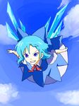  blue_eyes blue_hair bow cirno day flying frown grin hair_bow makarori short_hair sky smile solo touhou wings 