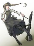  brown_eyes brown_hair bullet copyright_request dutch_angle gun hair_ribbon hogeo machine_gun maid mg42 pantyhose ribbon solo twintails weapon 