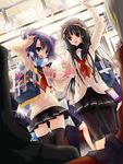  black_hair hair_ribbon hand_grip long_hair multiple_girls open_mouth original pantyhose purple_hair ribbon school_uniform serafuku smile thighhighs train_interior tsucaco 