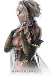  breasts bridal_gauntlets cleavage dark_elf dark_skin elf fantasy highres lineage medium_breasts navel pointy_ears sae_(revirth) short_hair solo tattoo veil white_hair 