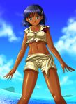  aqua_eyes bad_id bad_pixiv_id bandeau bob_cut cloud dark_skin day from_below fushigi_no_umi_no_nadia hair_ornament hairclip looking_down midriff nadia ocean outdoors purple_hair shian_(my_lonly_life.) short_hair shorts sky solo strapless torn_clothes tubetop uniform wading water 