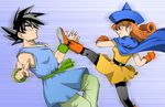  1girl alena_(dq4) bad_id bad_pixiv_id battle boots cape crossover dragon_ball dragon_ball_z dragon_quest dragon_quest_iv dress duel earrings gloves hat jewelry kicking long_hair muscle pantyhose poki_a red_eyes red_hair son_gokuu toriyama_akira_(style) 